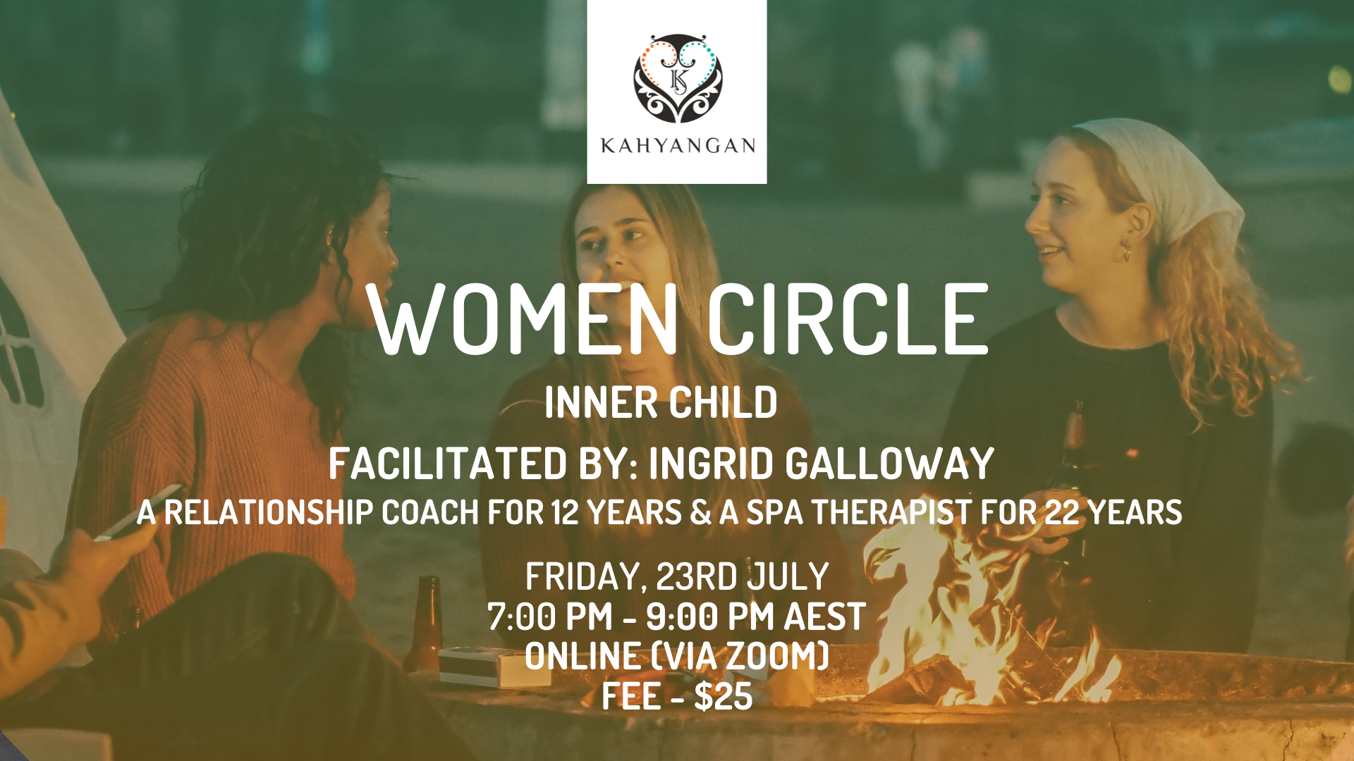 Women Circle in Austral - Inner Child (July) women chatting sincerely around a bonfire