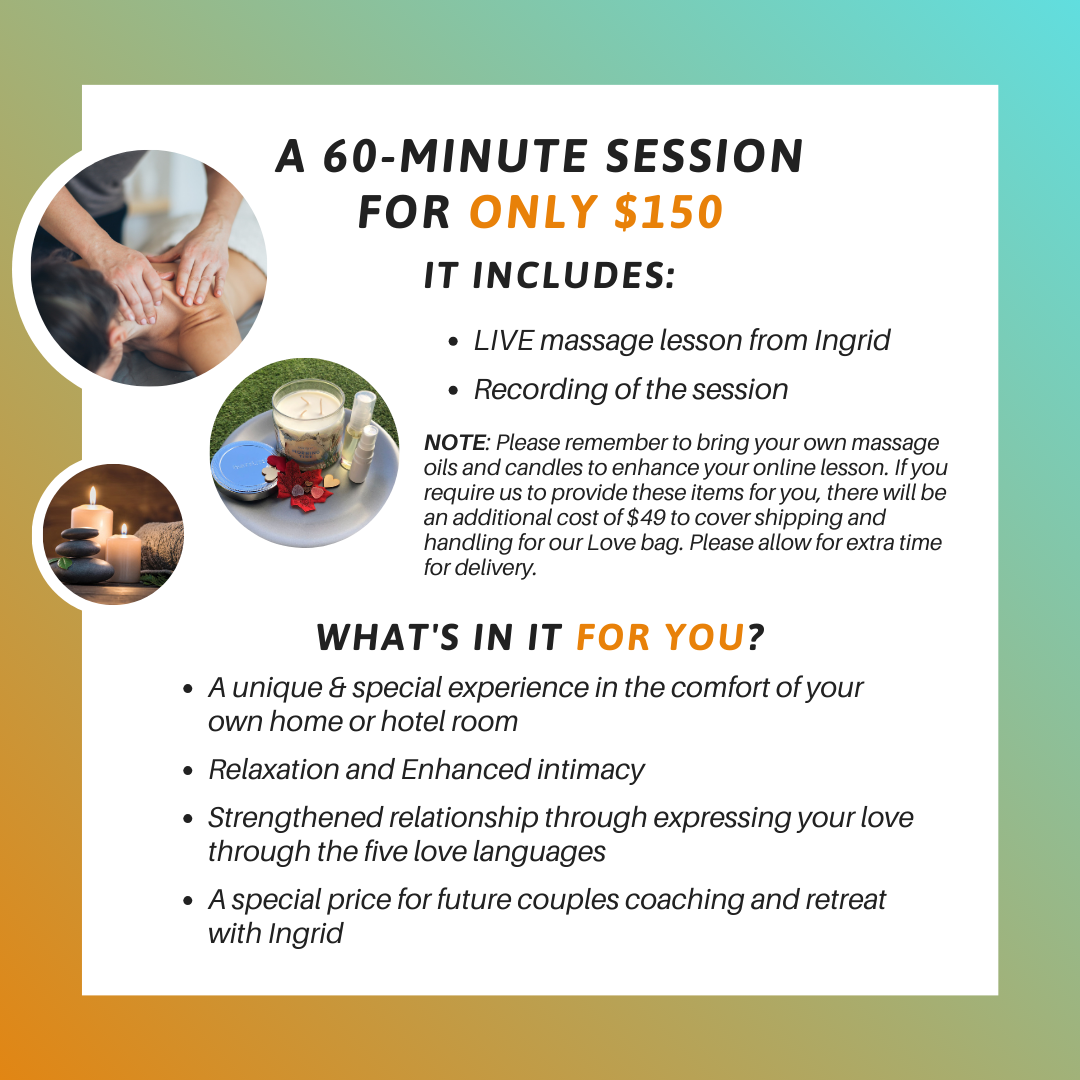A promotional offer featuring a 60-minute massage lesson from Ingrid for just $150. The session is available live and includes a recording. It offers a unique and special experience in the comfort of one's own home or hotel room. The session promotes relaxation, enhanced intimacy, and a strengthened relationship through expressing love using the five love languages.